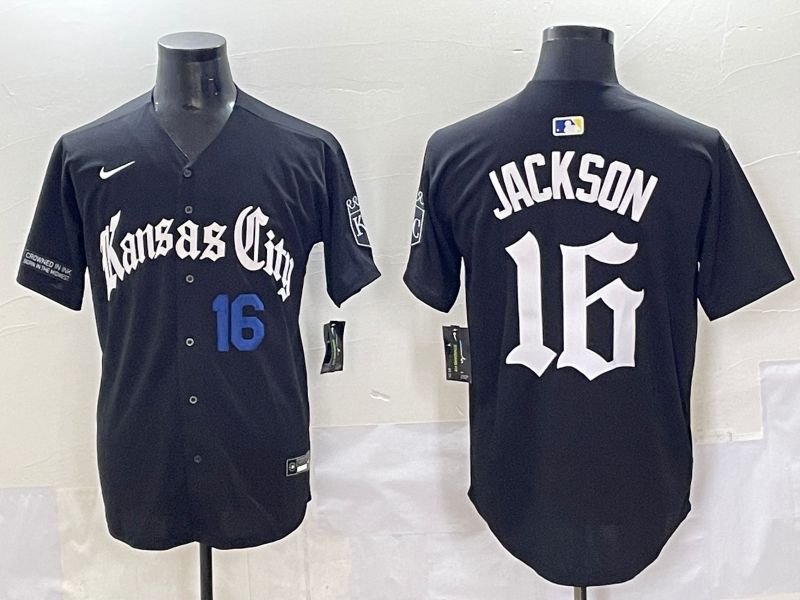 Men 2025 Kansas City Royals #16 Jackson Black Five generations Joint Name Nike MLB Jersey style 6